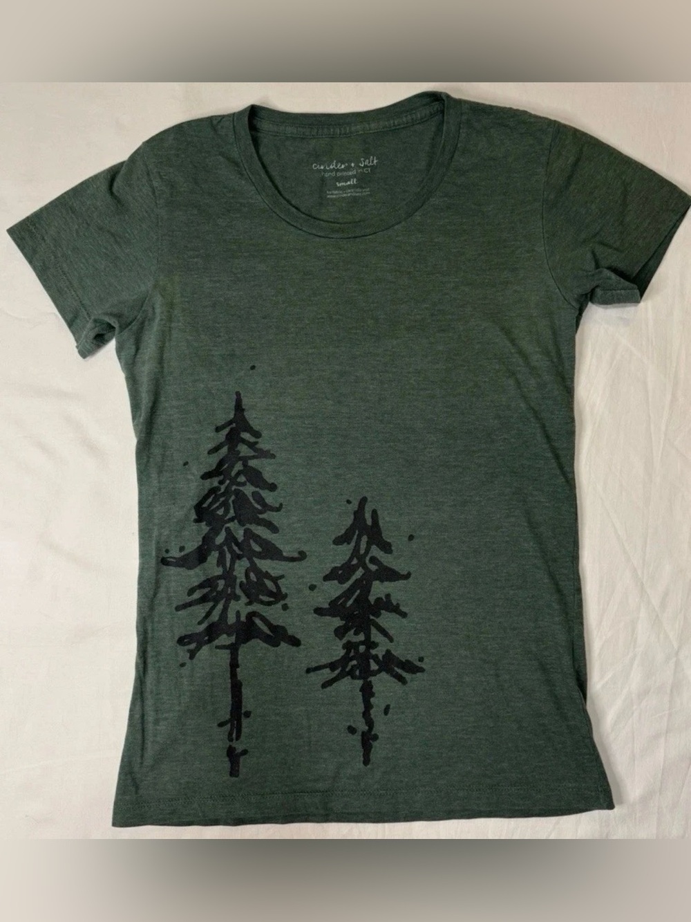 Cinder And Salt Women’s T-shirt Size Small green with Trees printed by hand